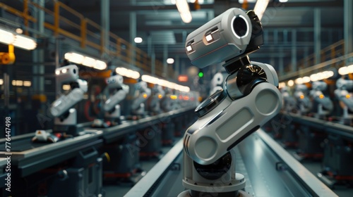 An advanced manufacturing facility using collaborative robots (cobots) working alongside human technicians, illustrating the integration of robotics in the workforce. 