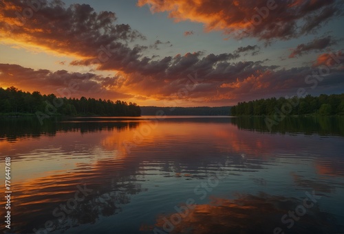 Tranquil Bliss  Captivating Vibrant Sunset Over Serene Lake