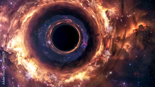 Cosmic black hole surrounded by fiery nebula