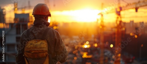 construction worker, looking out over a bustling construction site at sunset, safety gear