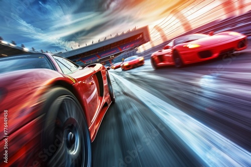 High-speed race car racing towards the victory. Exciting competition concept. © Irfanan