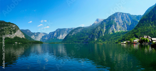 Panorama of Lake Hallstatt in Austria on a Beautiful Blue Sky Day