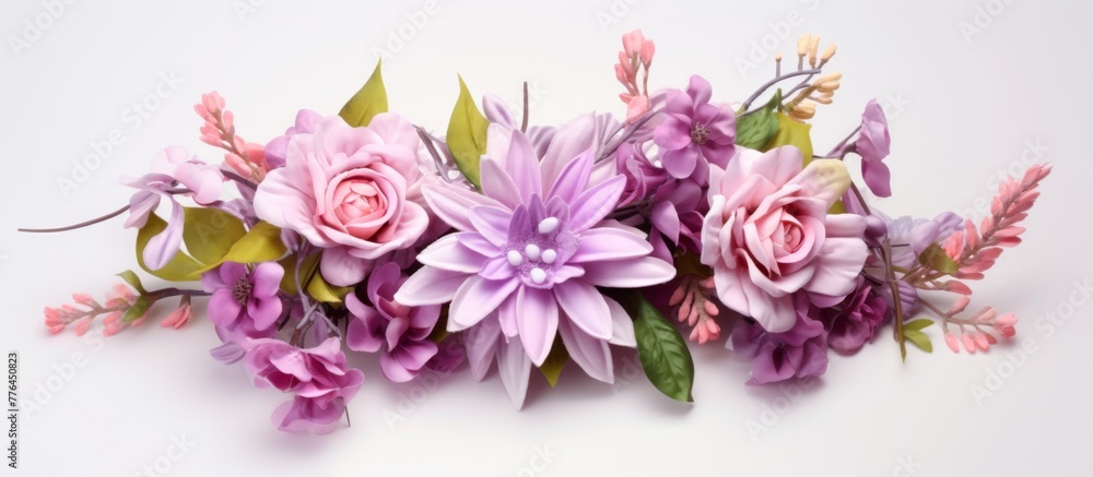 Colorful flowers arranged in a beautiful bouquet placed on a clean white tabletop
