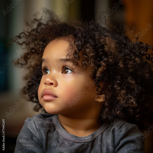Wallpaper Mural A mesmerized child with voluminous curly hair gazes upward, lost in wonder, highlighted by soft indoor light, a thoughtful African American toddler. Torontodigital.ca
