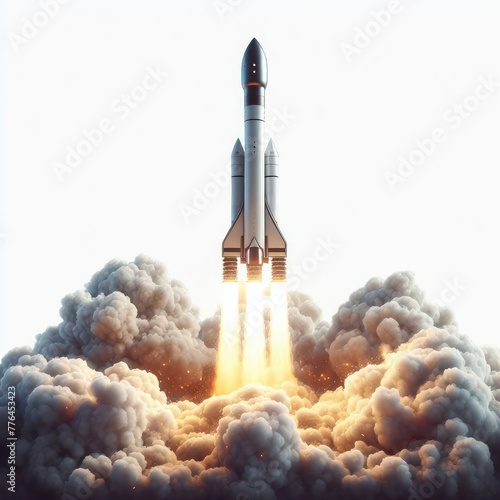 Rocket launch with fire isolated on a white background