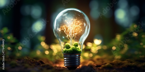 Light bulb with green plant growing out of soil. Ecology concept.