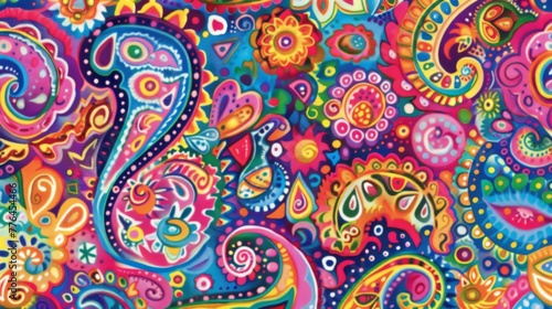 Vibrant classic paisley infused with 60s inspired psychedelic twists filled with symbols of peace love and spirituality, colors are bold yet harmonious created with Generative AI Technology photo