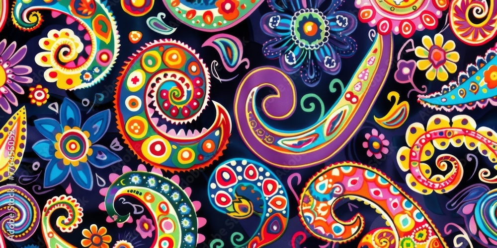 Vibrant classic paisley infused with 60s inspired psychedelic twists filled with symbols of peace love and spirituality, colors are bold yet harmonious created with Generative AI Technology - obrazy, fototapety, plakaty 