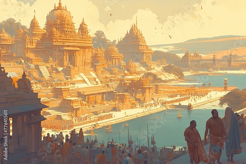 An orange colored image of ancient India, where many Hindu monks and people in traditional attire  photo