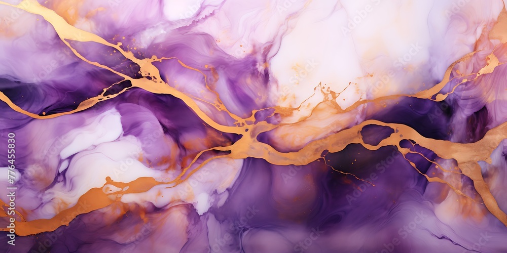 Abstract background of acrylic paint in blue, purple and gold colors.