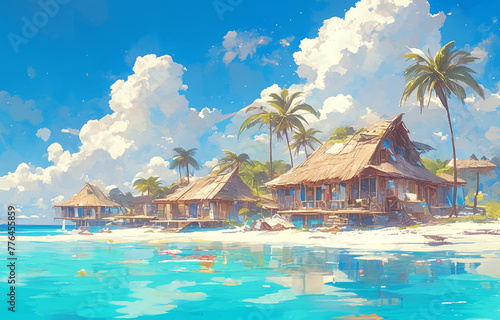 Anime style beach with palm trees and thatched huts  tropical island in the background