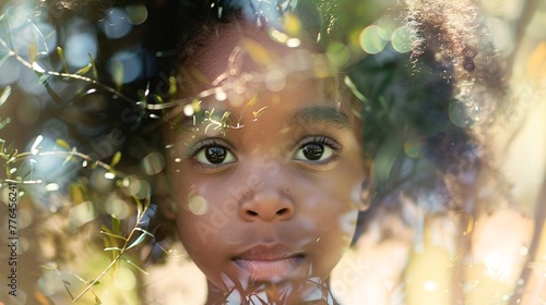 Double exposure of a black child and nature