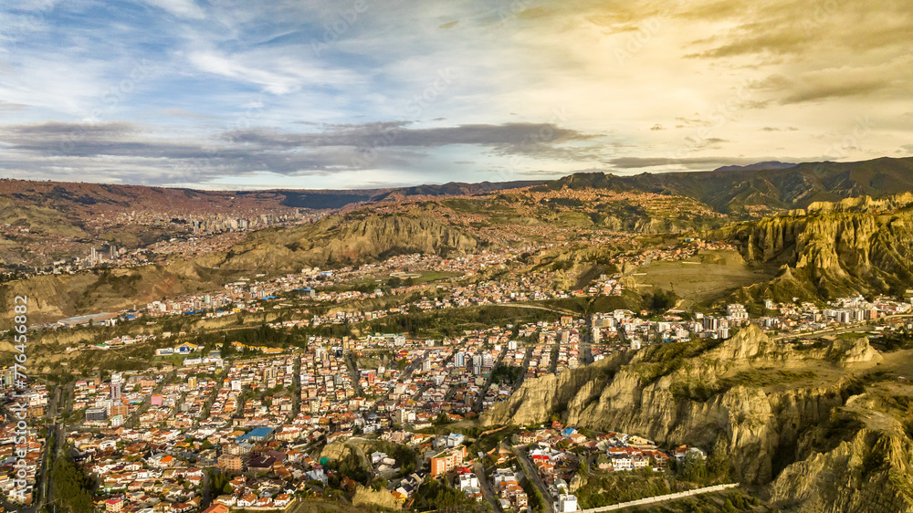 Fototapeta premium La Paz, Bolivia, aerial view flying over the dense, urban cityscape. San Miguel, southern distric
