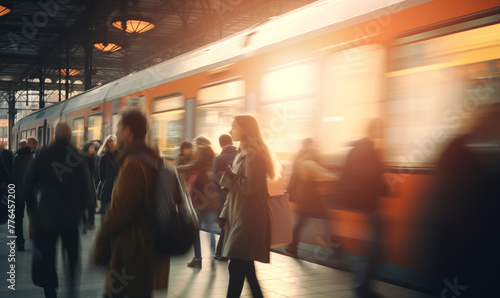 Blurred passengers in a train station, generated by ai