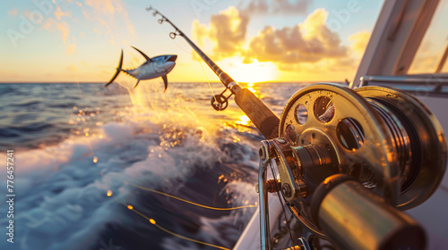 Sport fishing excitement with a jumping fish on the line against a fiery sunset ocean backdrop. photo