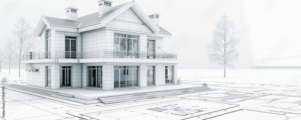 Architectural blueprint and model of a house project in a technical drawing style. Banner with copy space.