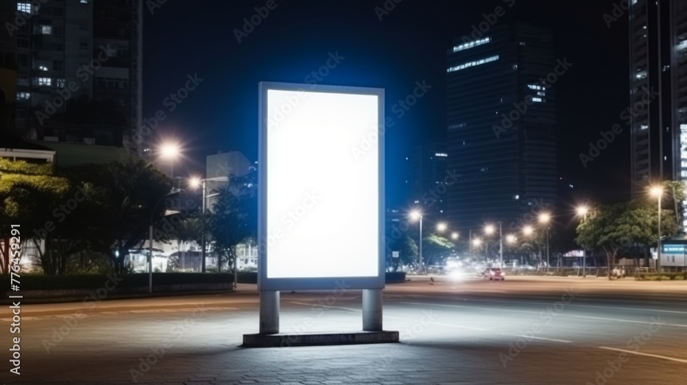 Empty white blank billboard on the street at night