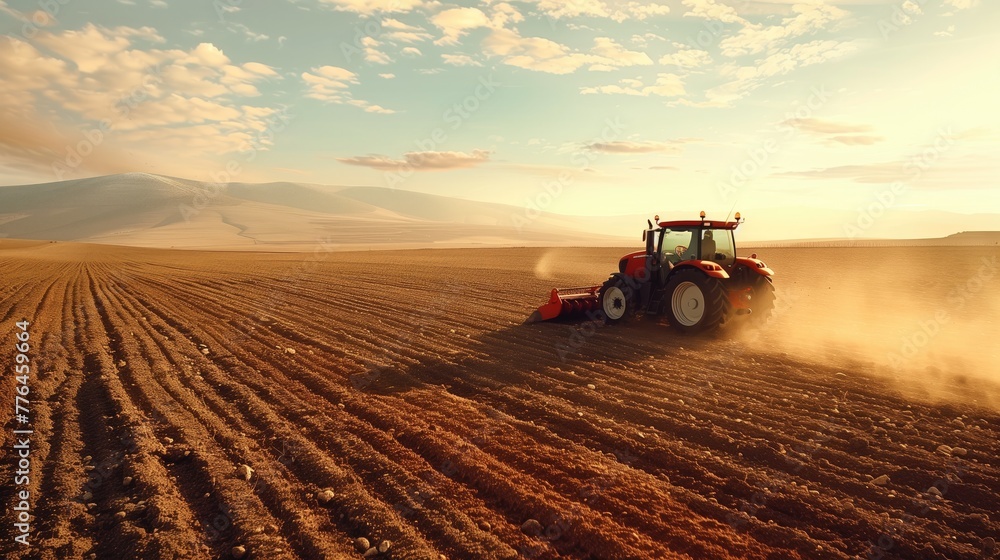 Fototapeta premium Tractor in wheat field. Tractor on a wheat field