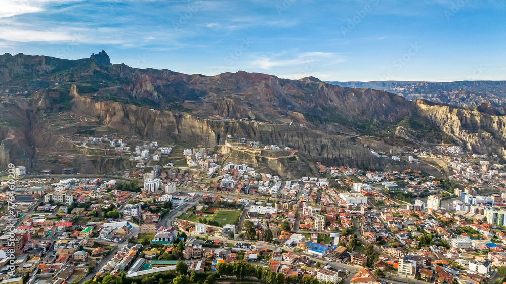 Obraz premium La Paz, Bolivia, aerial view flying over the dense, urban cityscape. San Miguel, southern distric
