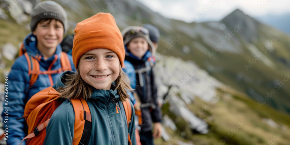 Active young kids, teenagers hiking in the mountains, summer camp Active young kids, teenagers hiking in the mountains, summer camp