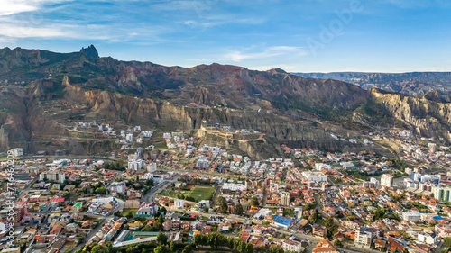La Paz, Bolivia, aerial view flying over the dense, urban cityscape. San Miguel, southern distric © marabelo