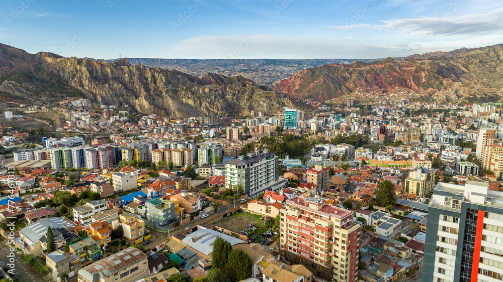 Obraz premium La Paz, Bolivia, aerial view flying over the dense, urban cityscape. San Miguel, southern distric