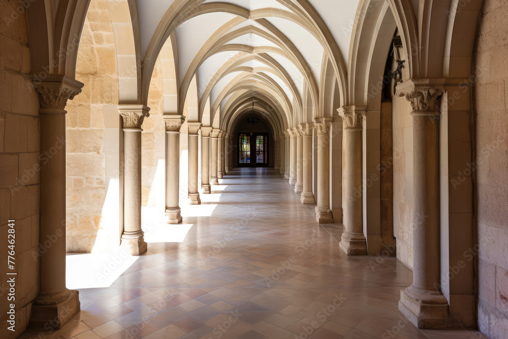 Serene Arched Hallway in Sunlit Heritage Building