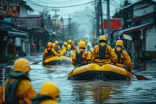A partnership in disaster recovery, with NGOs, governments, and volunteers collaborating to rebuild communities and restore livelihoods. Concept of disaster relief collaboration. Generative Ai. © Sebastian