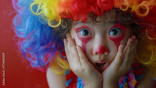 A child with a clown wig and colorful clothes covering her face. Generative AI.