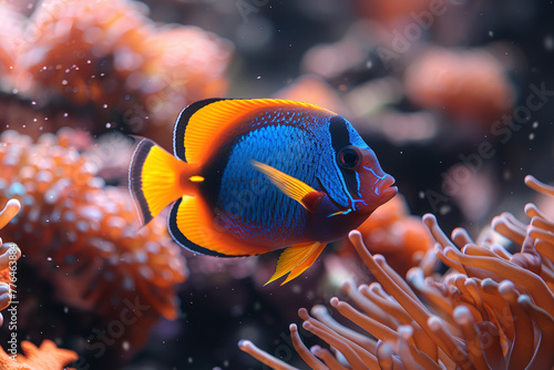The electric blue of a tropical fish darting through coral reefs  adding a flash of color to the underwater world. Concept of marine diversity. Generative Ai.