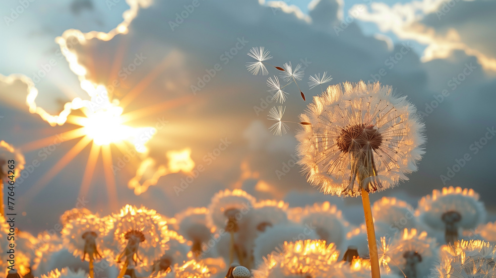 A field of dandelions with a sun shining on them