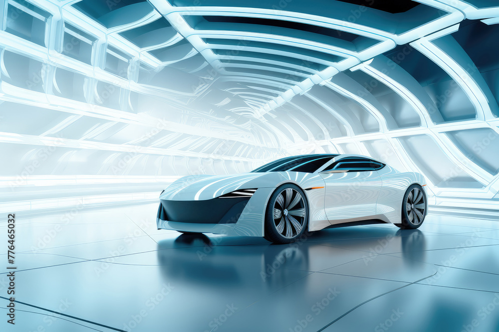 Futuristic Concept Electric Vehicle in a High-Tech Tunnel