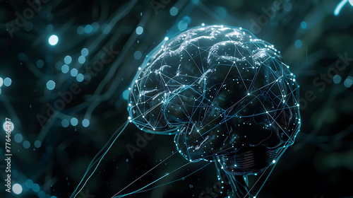 a futuristic cyborg brain illuminated with intricate glowing synapse patterns.