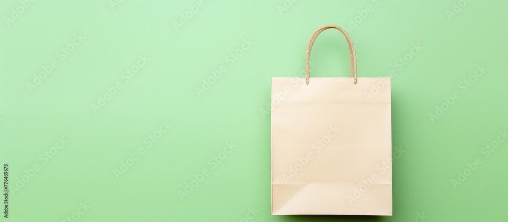 Eco-Friendly Paper Shopping Bag on Green Backdrop Eco-Friendly Paper Shopping Bag on Green Backdrop
