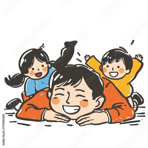 feeling anxious about raising their children,simple line drawing illustration of aasian father lying down and two children jumping on the father's back,Colorful, white background - generative ai photo