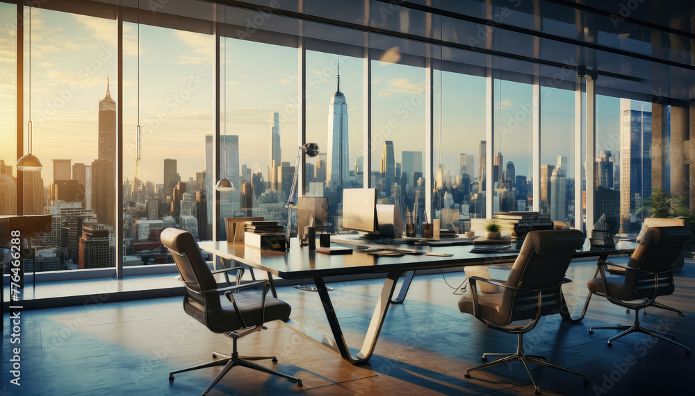 Modern Office Interior Overlooking City Skyline at Sunset