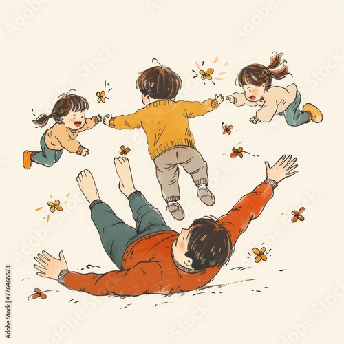 feeling anxious about raising their children,simple line drawing illustration of aasian father lying down and two children jumping on the father's back,Colorful, white background - generative ai photo