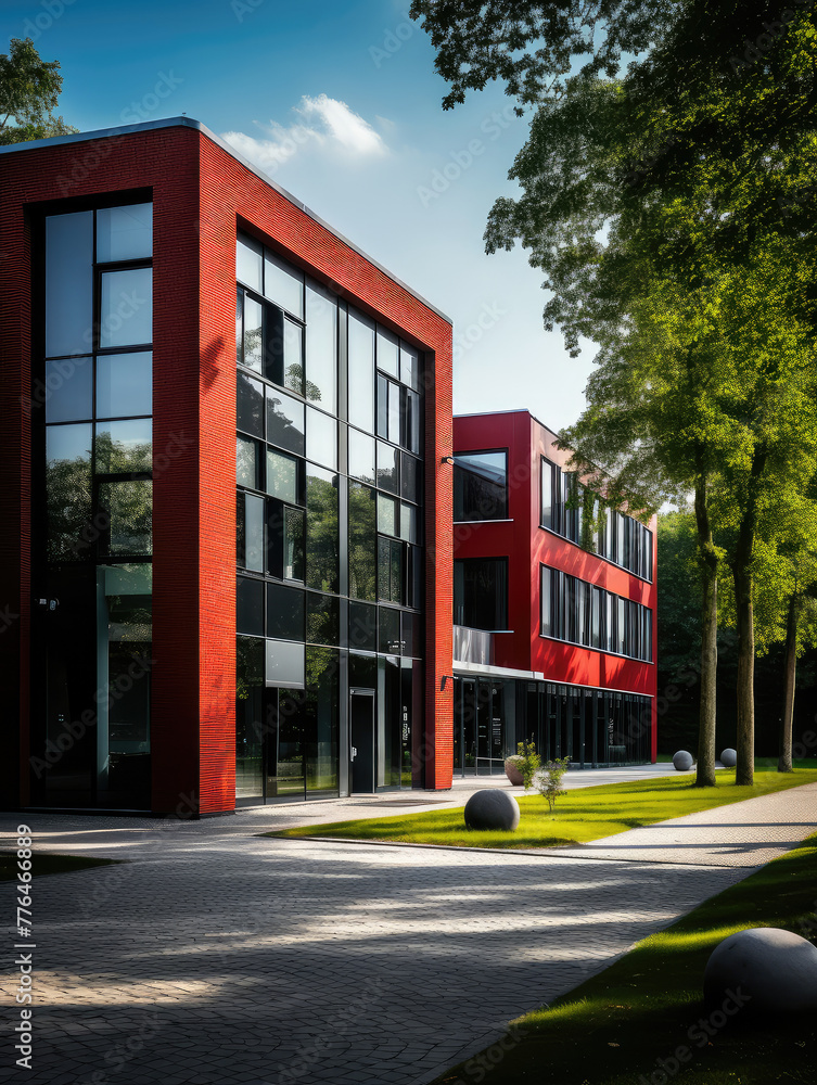 Modern Red Office Building on a Sunny Day