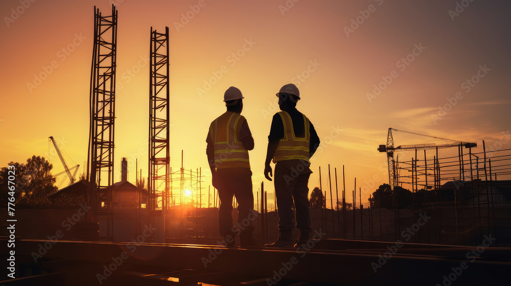 Construction Workers Overlooking Site at Sunset