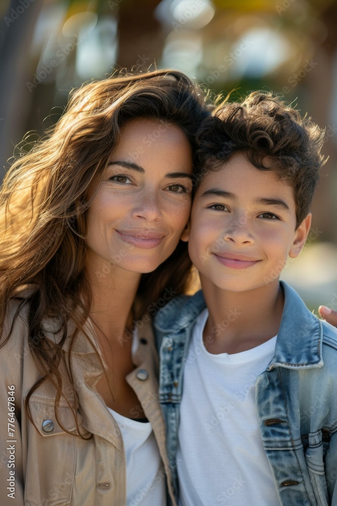 A mother and son standing next to each other. Generative AI. A mother and son standing next to each other. Generative AI.