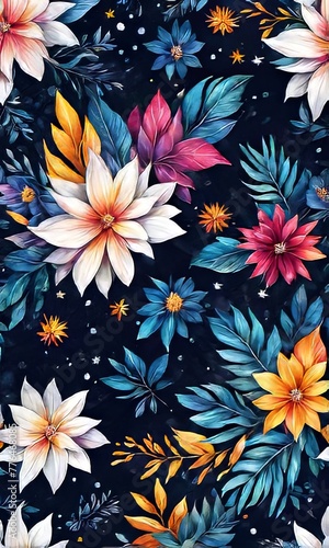 Contrast between bright flowers, dark background gives image special atmosphere, appeal, highlighting its beauty wonder. For home interior, bedroom, living room, childrens room to add bright colors. © Anzelika