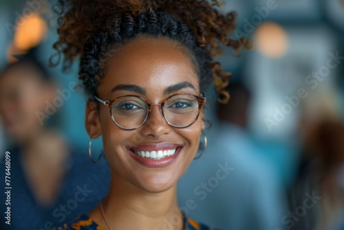A woman with curly hair and glasses smiling at the camera. Generative AI.