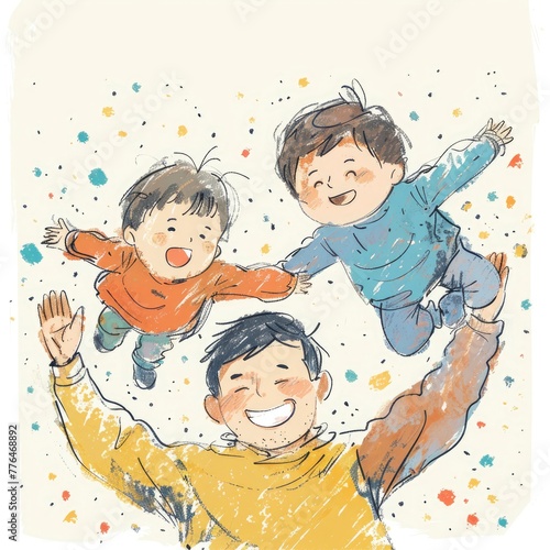 feeling anxious about raising their children,simple line drawing illustration of aasian father lying down and two children jumping on the father's back,Colorful, white background - generative ai photo