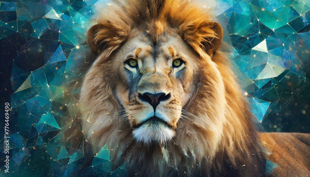 Portrait of a powerful male lion with a golden mane