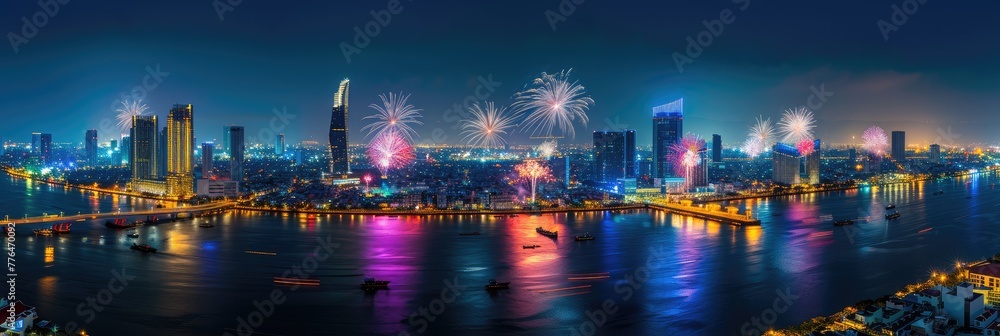 Celebratory Fireworks Display Over Urban Skyline