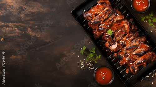 Grilled Epicure Dinner: Texas Barbecue Pork Meat Slices with Fresh Vegetables Copy Space, On Top View, Grilled meat steak on stainless grill depot with flames on dark background. Generative Ai 