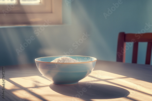 Baking soda in a blue bowl on a table indoors in a kitchen photo