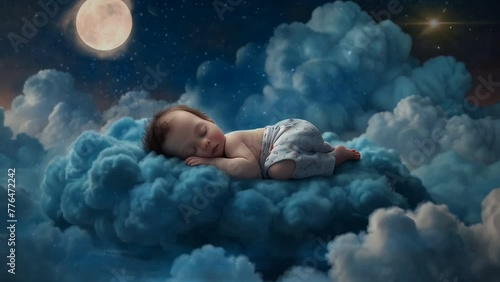 cute baby is sleeping peacefully on a starry cloud, seamless looping animation video background 