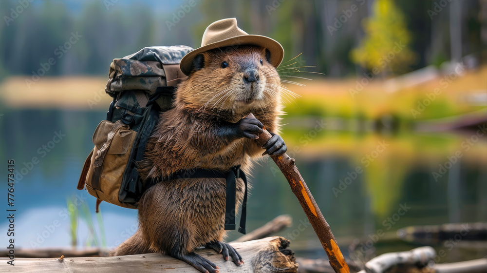 Funny beaver dressed as a traveler-naturalist Stock Photo | Adobe Stock
