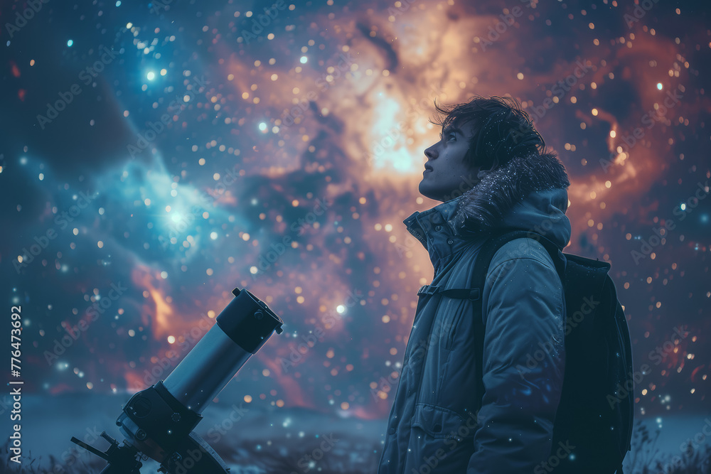 A scientist studying the distant stars through a powerful telescope, unlocking the mysteries of the universe. Concept of cosmic exploration. Generative Ai. A scientist studying the distant stars through a powerful telescope, unlocking the mysteries of the universe. Concept of cosmic exploration. Generative Ai.